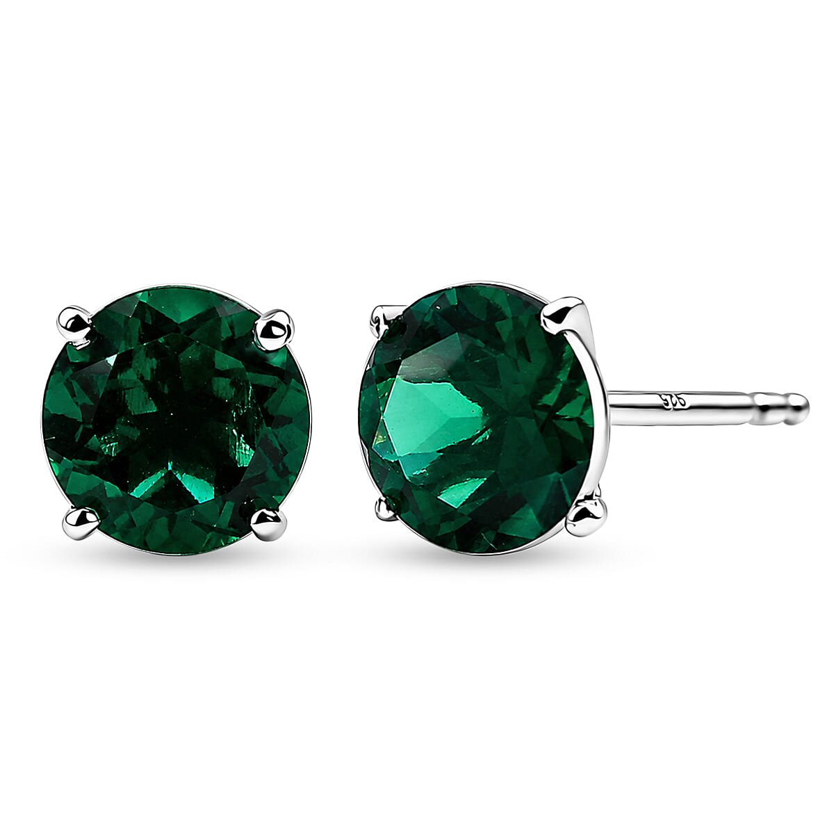 Luxuriant - Lab Grown Emerald Solitaire Stud Push Post Earring in Rhodium Overlay Sterling Silver 2.00 Ct.