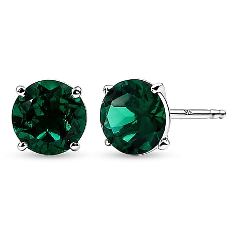 Luxuriant - Lab Grown Emerald Solitaire Stud Push Post Earring in Rhodium Overlay Sterling Silver 2.00 Ct.