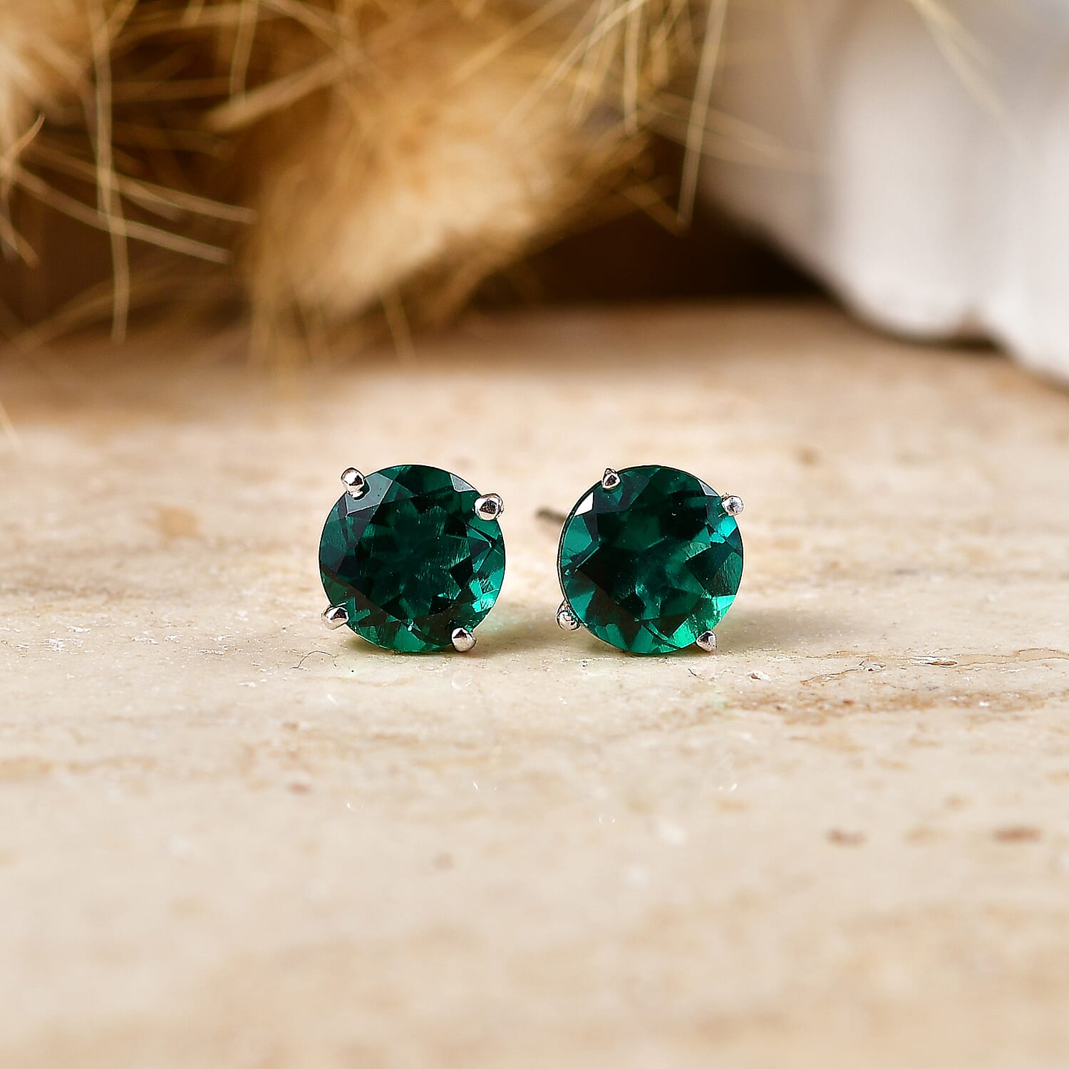 Luxuriant - Lab Grown Emerald Solitaire Stud Push Post Earring in Rhodium Overlay Sterling Silver 2.00 Ct.