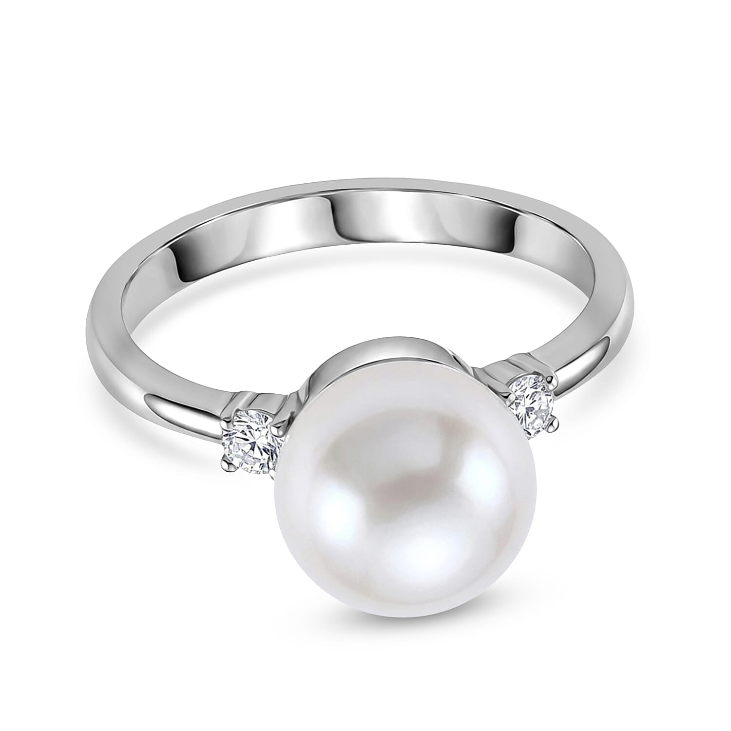 D'Joy White Edison Pearl, Lab Grown Diamond Fancy Ring in Rhodium OverlaySterling Silver  8.620  Ct.