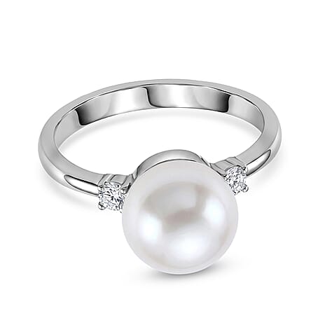 D'Joy White Edison Pearl, Lab Grown Diamond Fancy Ring in Rhodium OverlaySterling Silver  8.620  Ct.