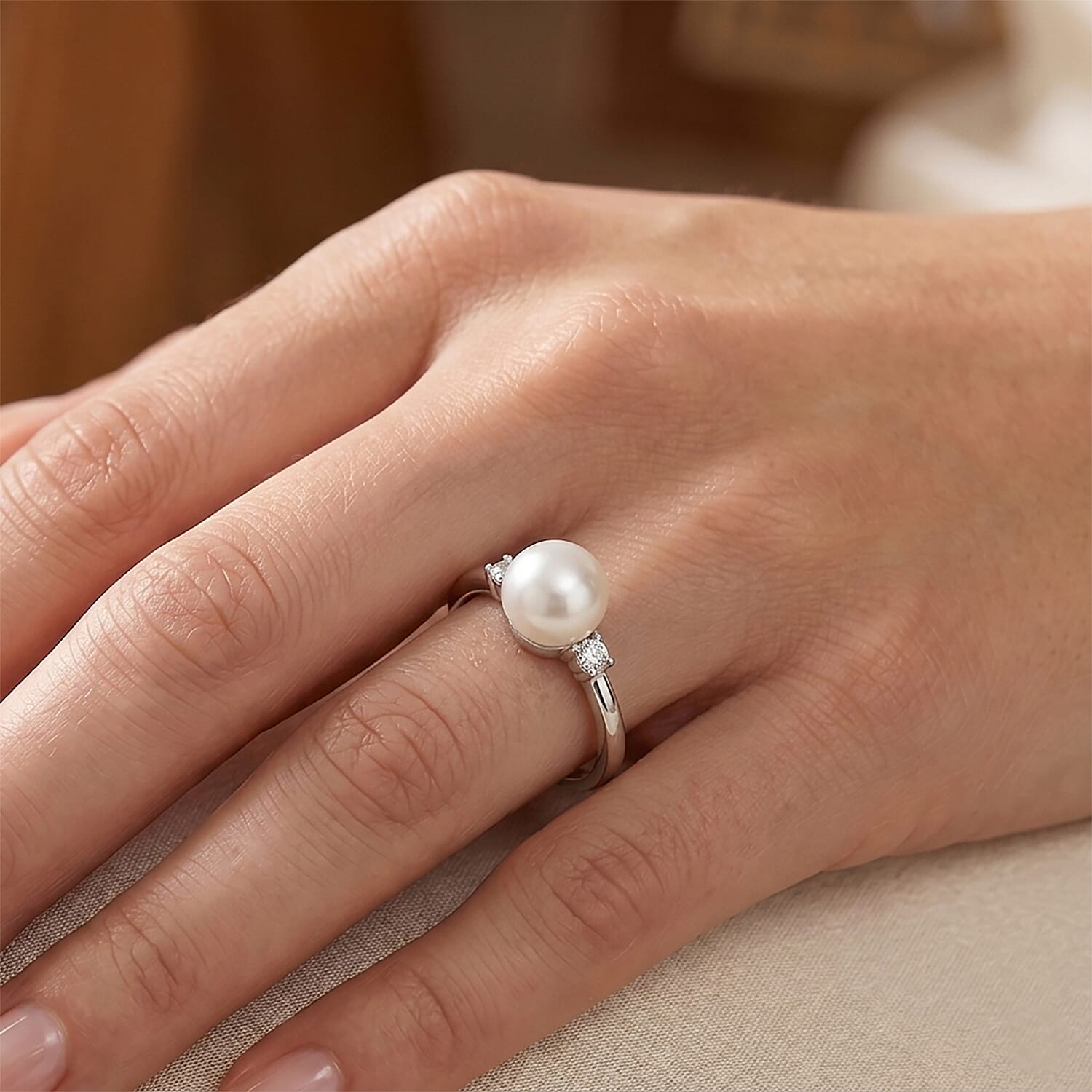 D'Joy White Edison Pearl, Lab Grown Diamond Fancy Ring in Rhodium OverlaySterling Silver  8.620  Ct.