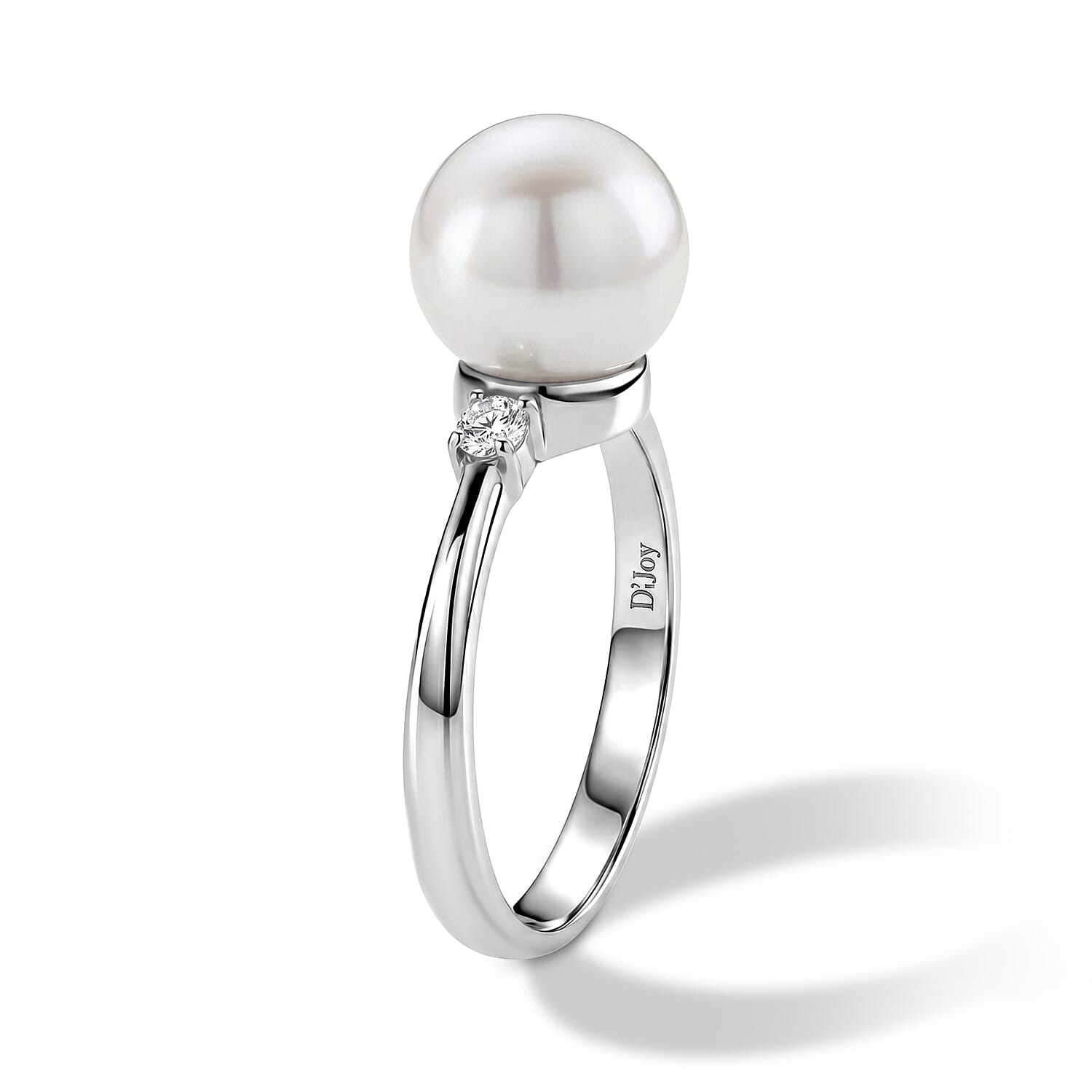 D'Joy White Edison Pearl, Lab Grown Diamond Fancy Ring in Rhodium OverlaySterling Silver  8.620  Ct.
