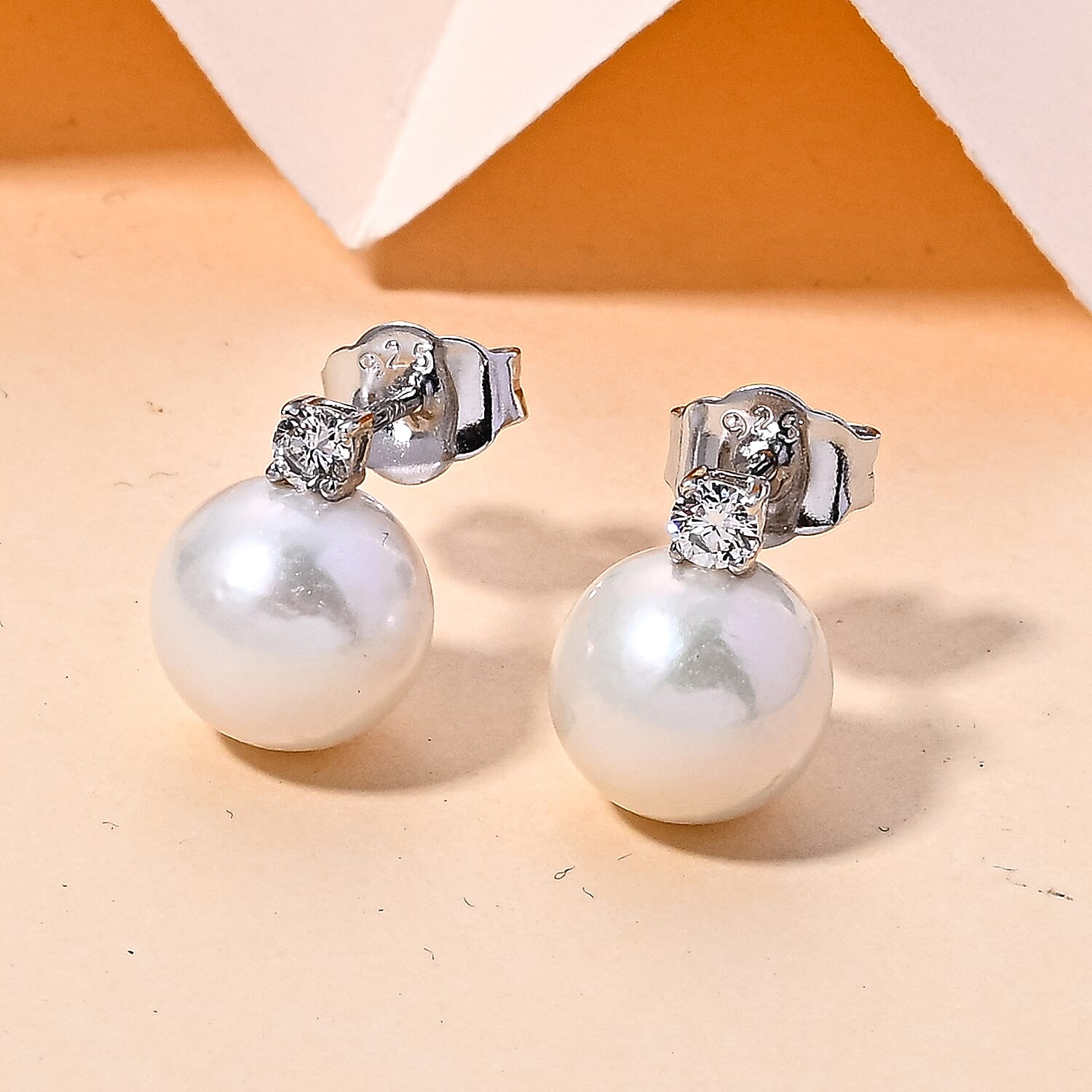 D'Joy - Premium White Edison Pearl (10-11mm) & Lab Grown Diamond Ball Drop Earring with Push Back in Rhodium Overlay Sterling Silver 15.80 Ct.