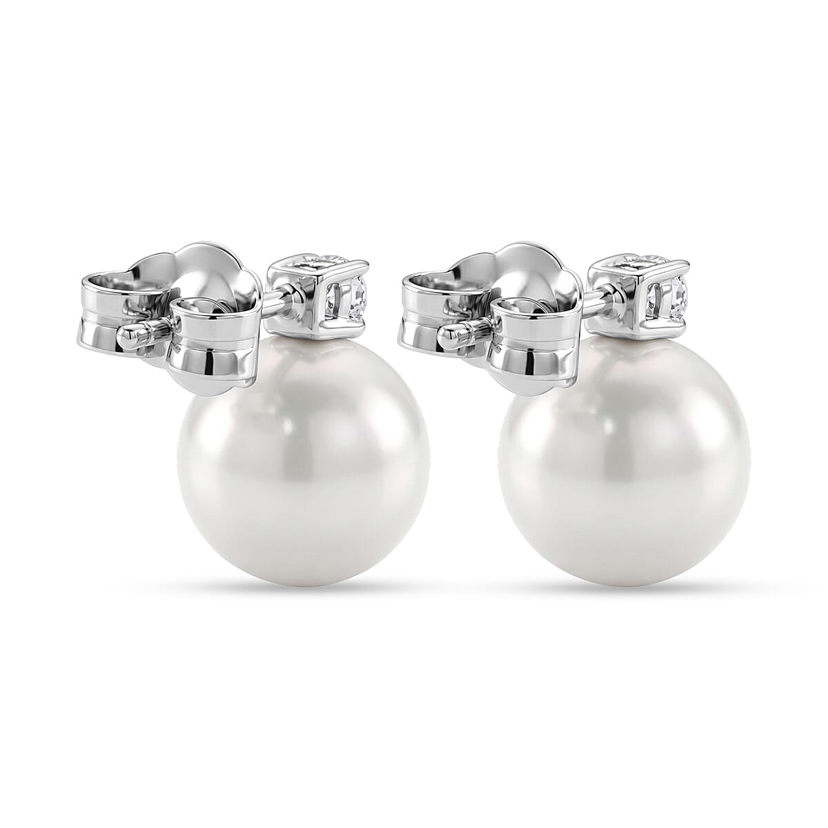 D'Joy - Premium White Edison Pearl (10-11mm) & Lab Grown Diamond Ball Drop Earring with Push Back in Rhodium Overlay Sterling Silver 15.80 Ct.