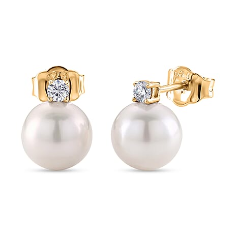 D'Joy - Premium White Edison Pearl (10-11mm) & Lab Grown Diamond Ball Drop Earring with Push Back in Yellow Gold Plated Sterling Silver 15.80 Ct.