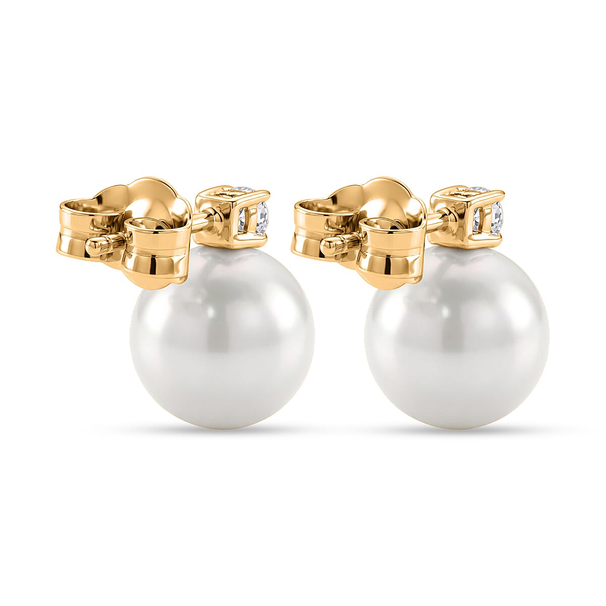 D'Joy - Premium White Edison Pearl (10-11mm) & Lab Grown Diamond Ball Drop Earring with Push Back in Yellow Gold Plated Sterling Silver 15.80 Ct.
