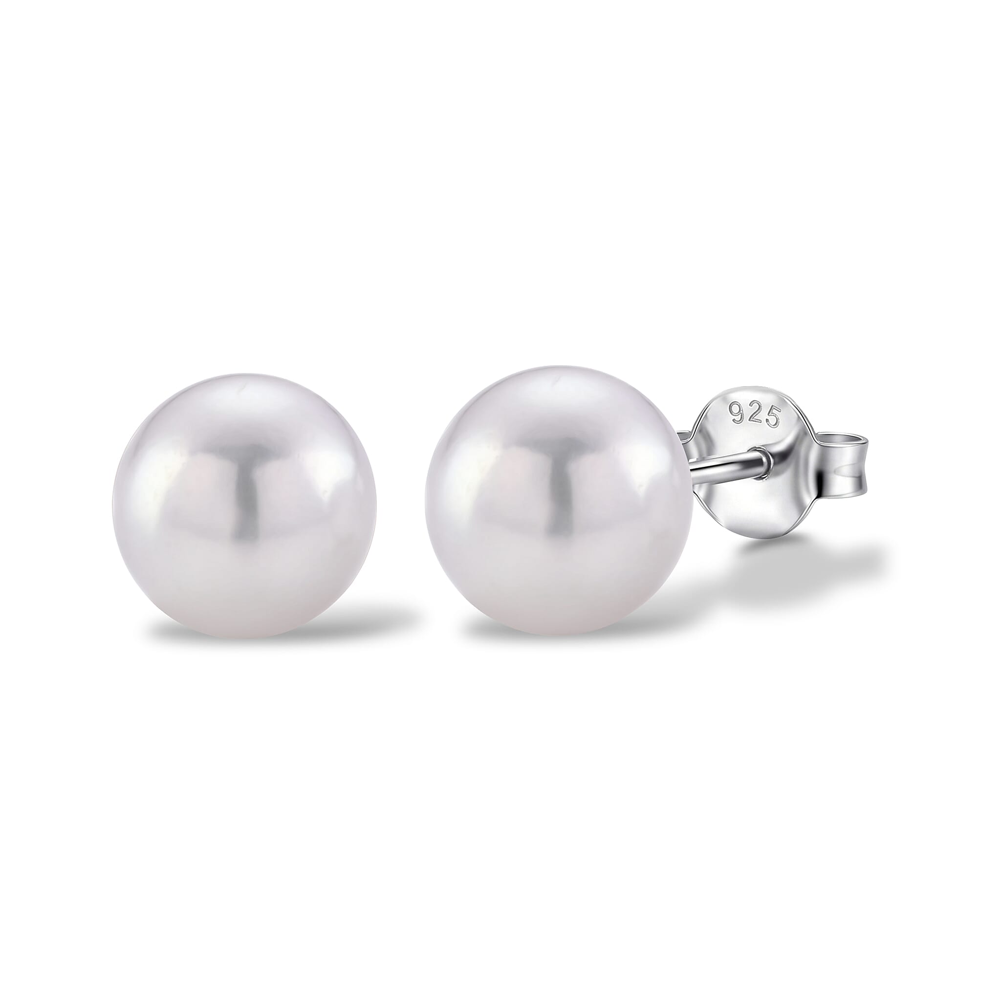D'Joy - White Edison Pearl Stud Ball Earring with Push Back in Rhodium Overlay Sterling Silver 15.40 Ct.