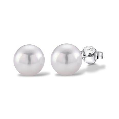 D'Joy - White Edison Pearl Stud Ball Earring with Push Back in Rhodium Overlay Sterling Silver 15.40 Ct.