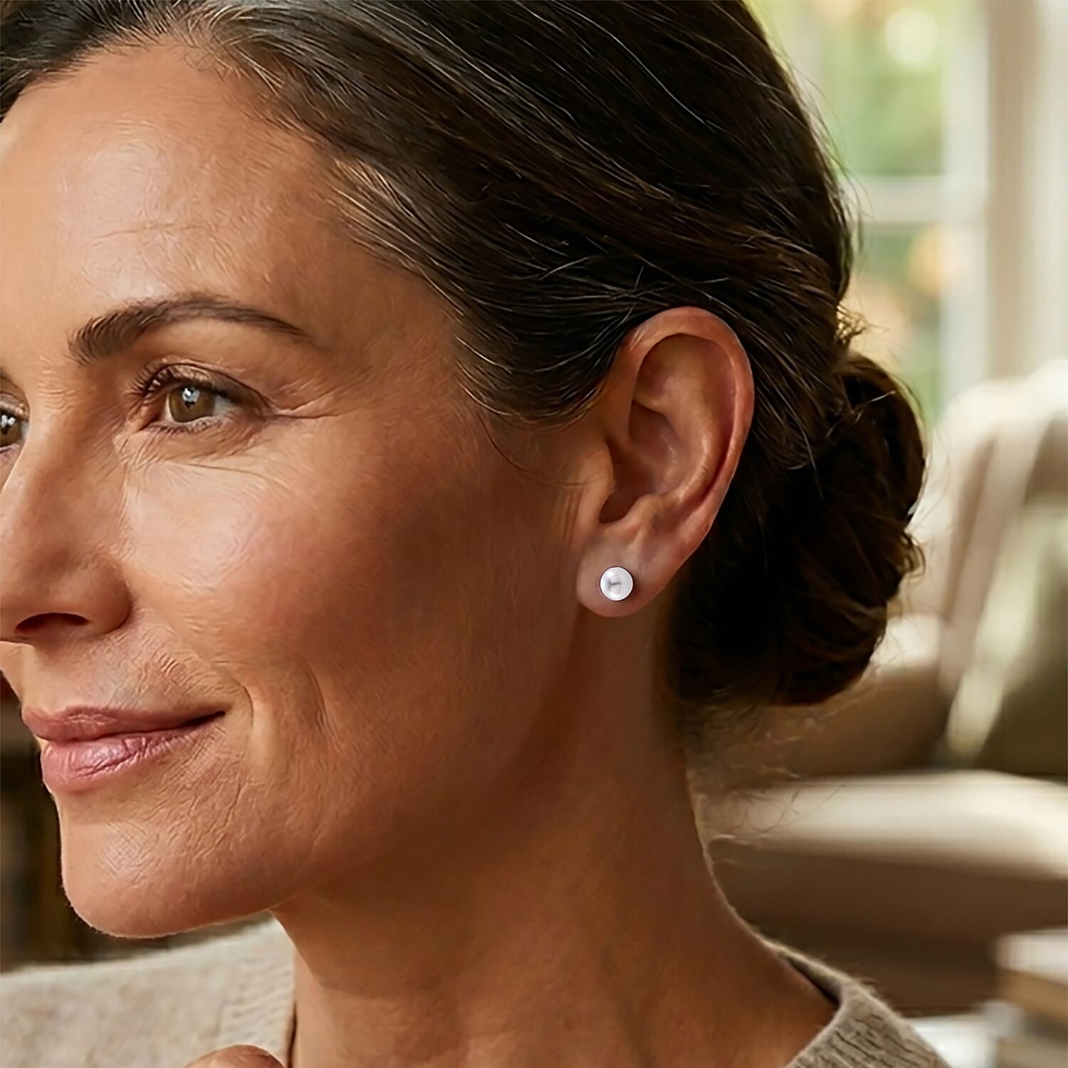D'Joy - White Edison Pearl Stud Ball Earring with Push Back in Rhodium Overlay Sterling Silver 15.40 Ct.