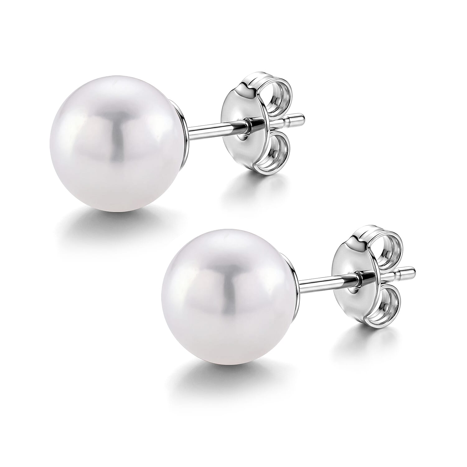 D'Joy - White Edison Pearl Stud Ball Earring with Push Back in Rhodium Overlay Sterling Silver 15.40 Ct.