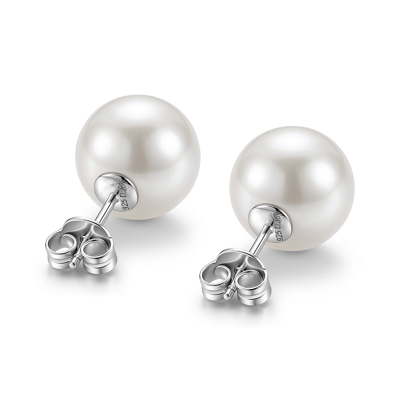 D'Joy - White Edison Pearl Stud Ball Earring with Push Back in Rhodium Overlay Sterling Silver 15.40 Ct.