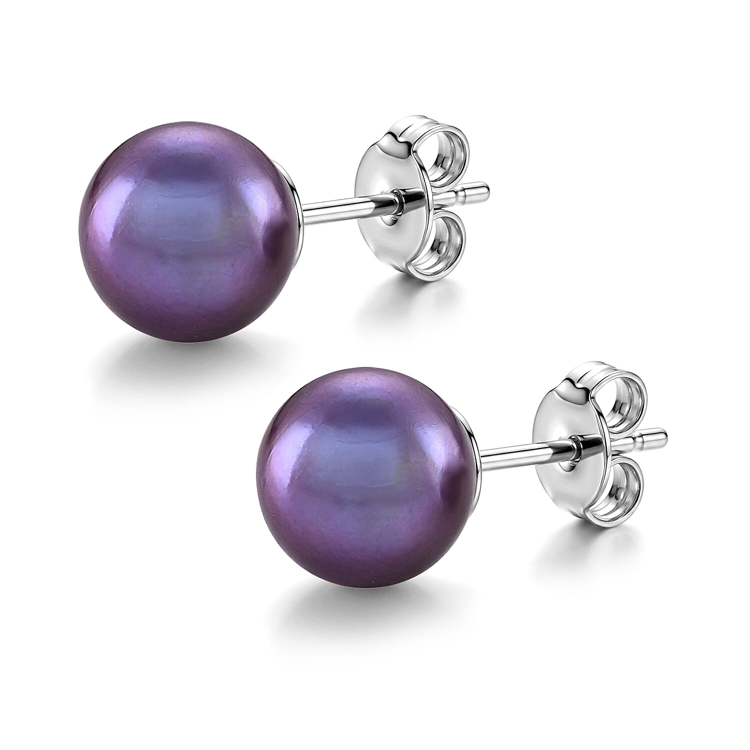 D'Joy - Purple Edison Pearl Stud Ball Earring with Push Back in Rhodium Overlay Sterling Silver 11.40 Ct.