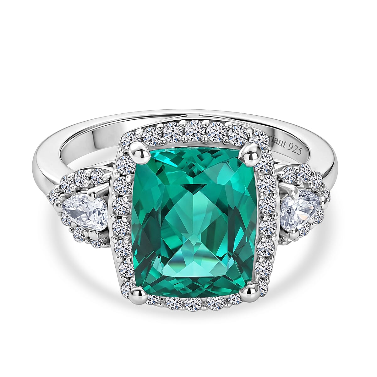 Close Out Deal-  AAA Lab Grown  Colombian  Emerald & Lab Grown Diamond (SI-G-H) Halo Ring in Rhodium Overlay Sterling Silver 3.50 Ct.