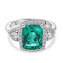 Close Out Deal-  AAA Lab Grown  Colombian  Emerald & Lab Grown Diamond (SI-G-H) Halo Ring in Rhodium Overlay Sterling Silver 3.50 Ct.