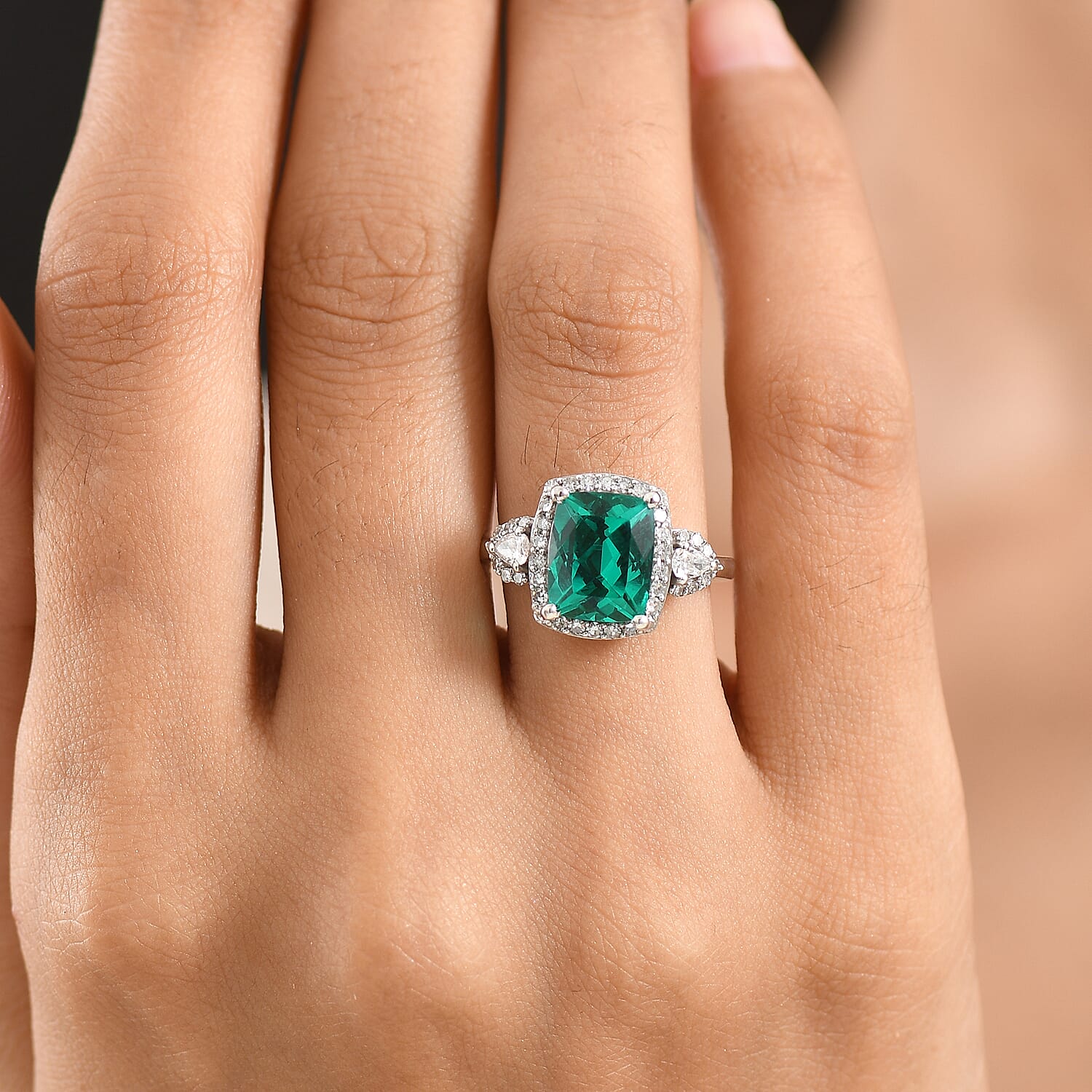 Close Out Deal-  AAA Lab Grown  Colombian  Emerald & Lab Grown Diamond (SI-G-H) Halo Ring in Rhodium Overlay Sterling Silver 3.50 Ct.