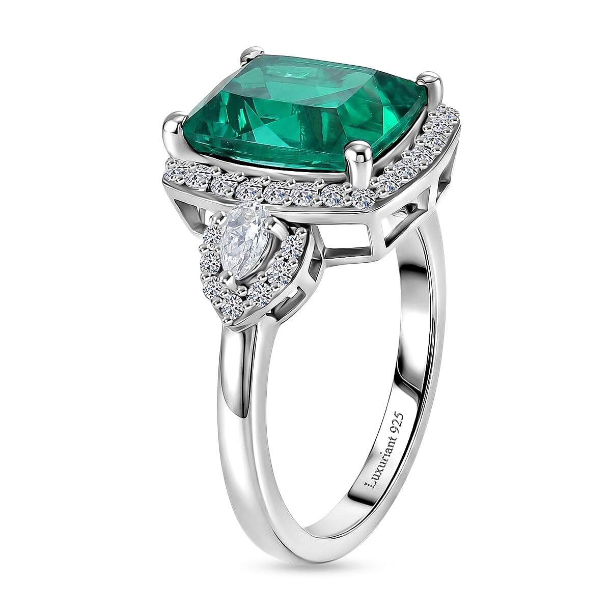 Close Out Deal-  AAA Lab Grown  Colombian  Emerald & Lab Grown Diamond (SI-G-H) Halo Ring in Rhodium Overlay Sterling Silver 3.50 Ct.
