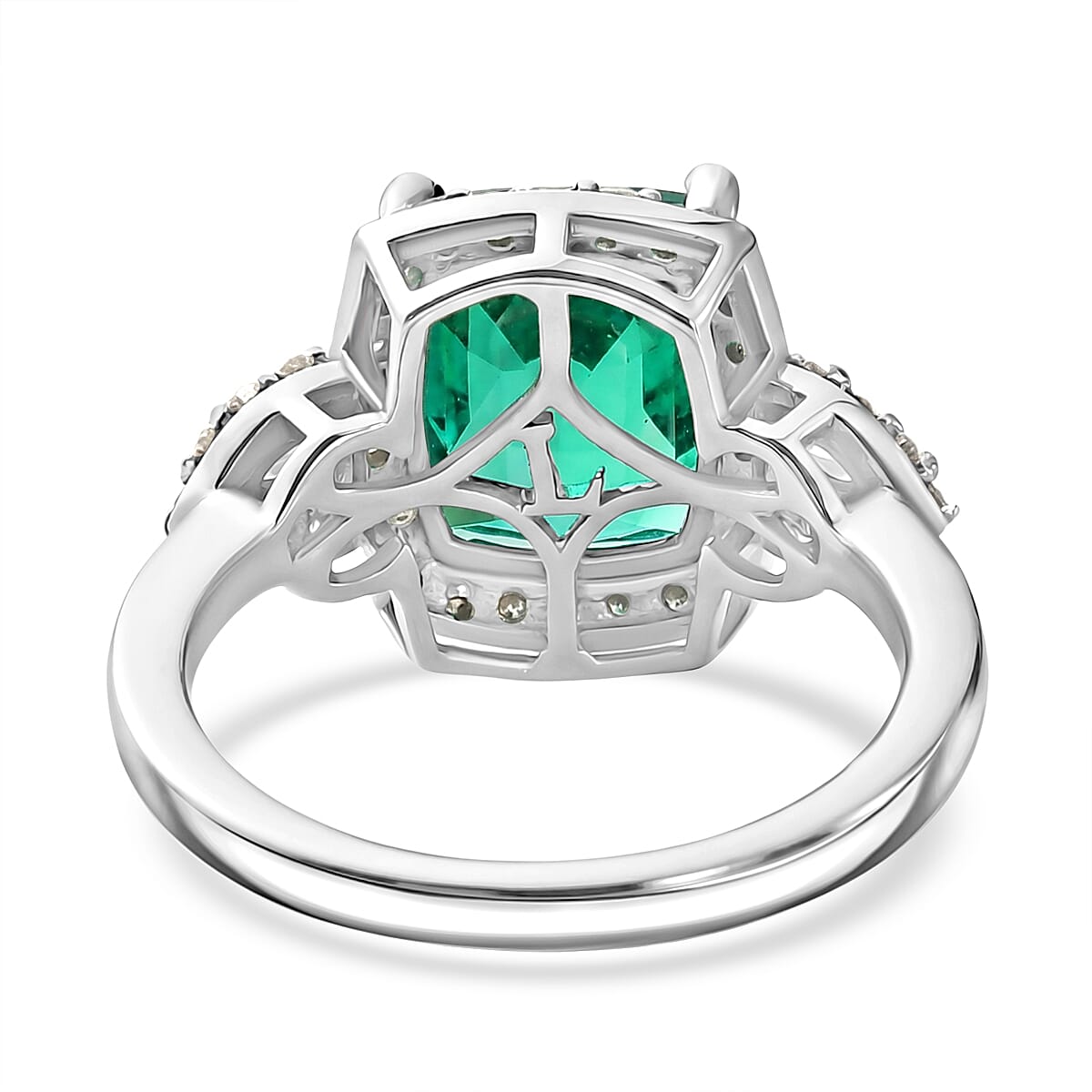 Close Out Deal-  AAA Lab Grown  Colombian  Emerald & Lab Grown Diamond (SI-G-H) Halo Ring in Rhodium Overlay Sterling Silver 3.50 Ct.