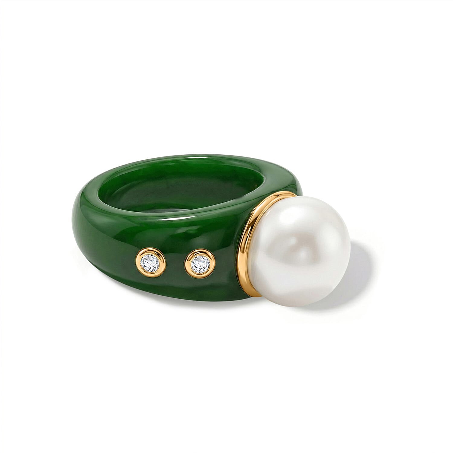 D'Joy - Premium White Edison Pearl (12-13mm), Dyed Green Jade & Lab Grown Diamond Ring in Yellow Gold Plated Sterling Silver 43.63 Ct.