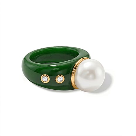 D'Joy - Premium White Edison Pearl (12-13mm), Dyed Green Jade & Lab Grown Diamond Ring in Yellow Gold Plated Sterling Silver 43.63 Ct.