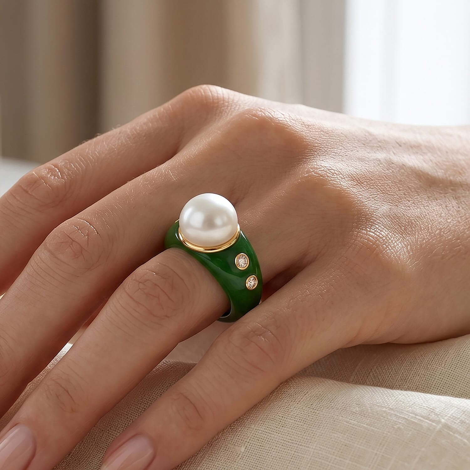 D'Joy - Premium White Edison Pearl (12-13mm), Dyed Green Jade & Lab Grown Diamond Ring in Yellow Gold Plated Sterling Silver 43.63 Ct.