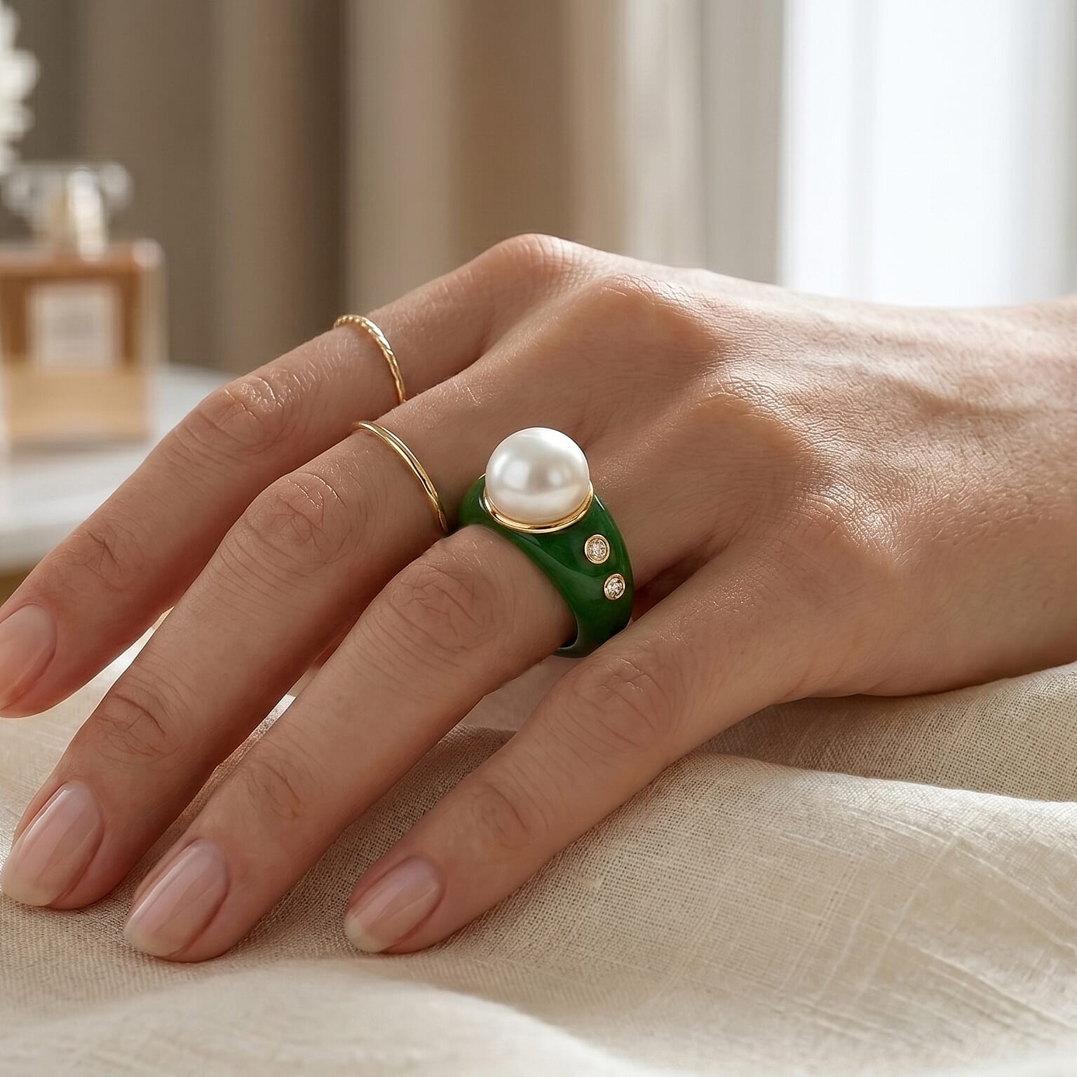 D'Joy - Premium White Edison Pearl (12-13mm), Dyed Green Jade & Lab Grown Diamond Ring in Yellow Gold Plated Sterling Silver 43.63 Ct.