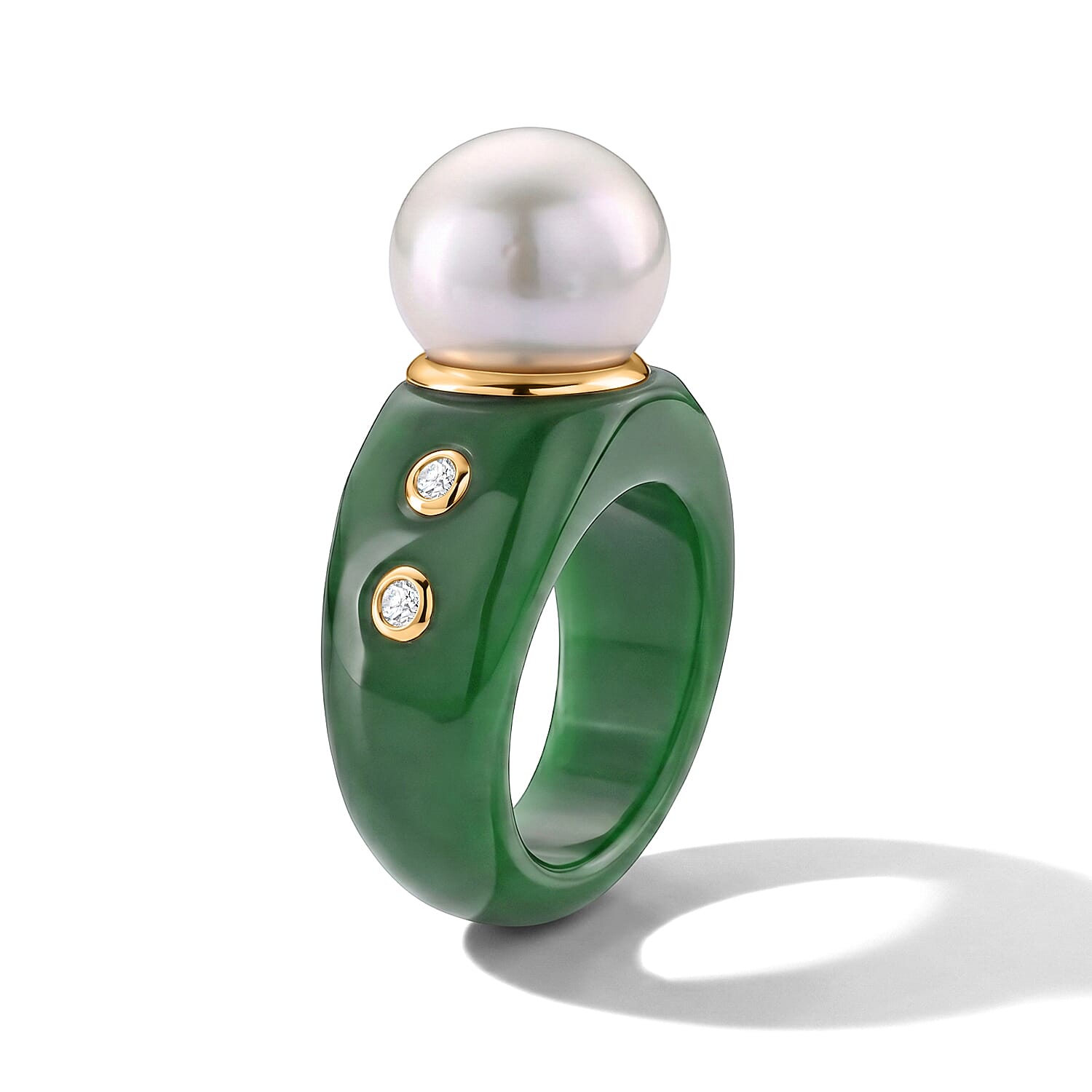 D'Joy - Premium White Edison Pearl (12-13mm), Dyed Green Jade & Lab Grown Diamond Ring in Yellow Gold Plated Sterling Silver 43.63 Ct.