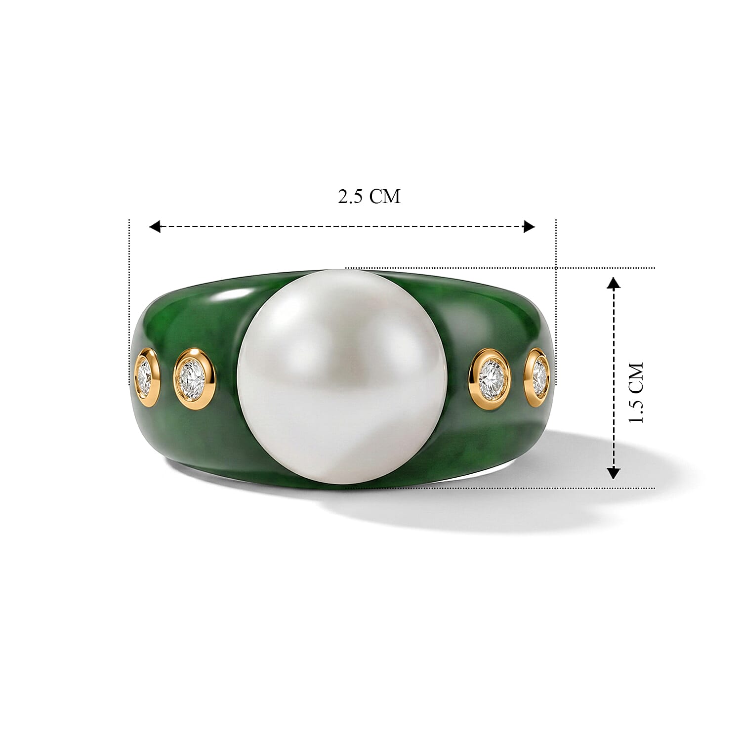 D'Joy - Premium White Edison Pearl (12-13mm), Dyed Green Jade & Lab Grown Diamond Ring in Yellow Gold Plated Sterling Silver 43.63 Ct.