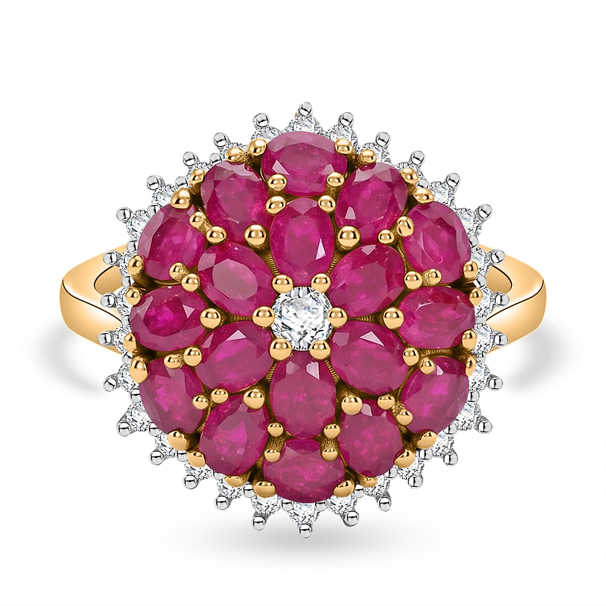 Luxuriant - African Ruby & Lab Grown Diamond (SI-G-H) Floral Cluster Ring in 18K Vermeil Yellow Gold Plated Sterling Silver 5.62 Ct.