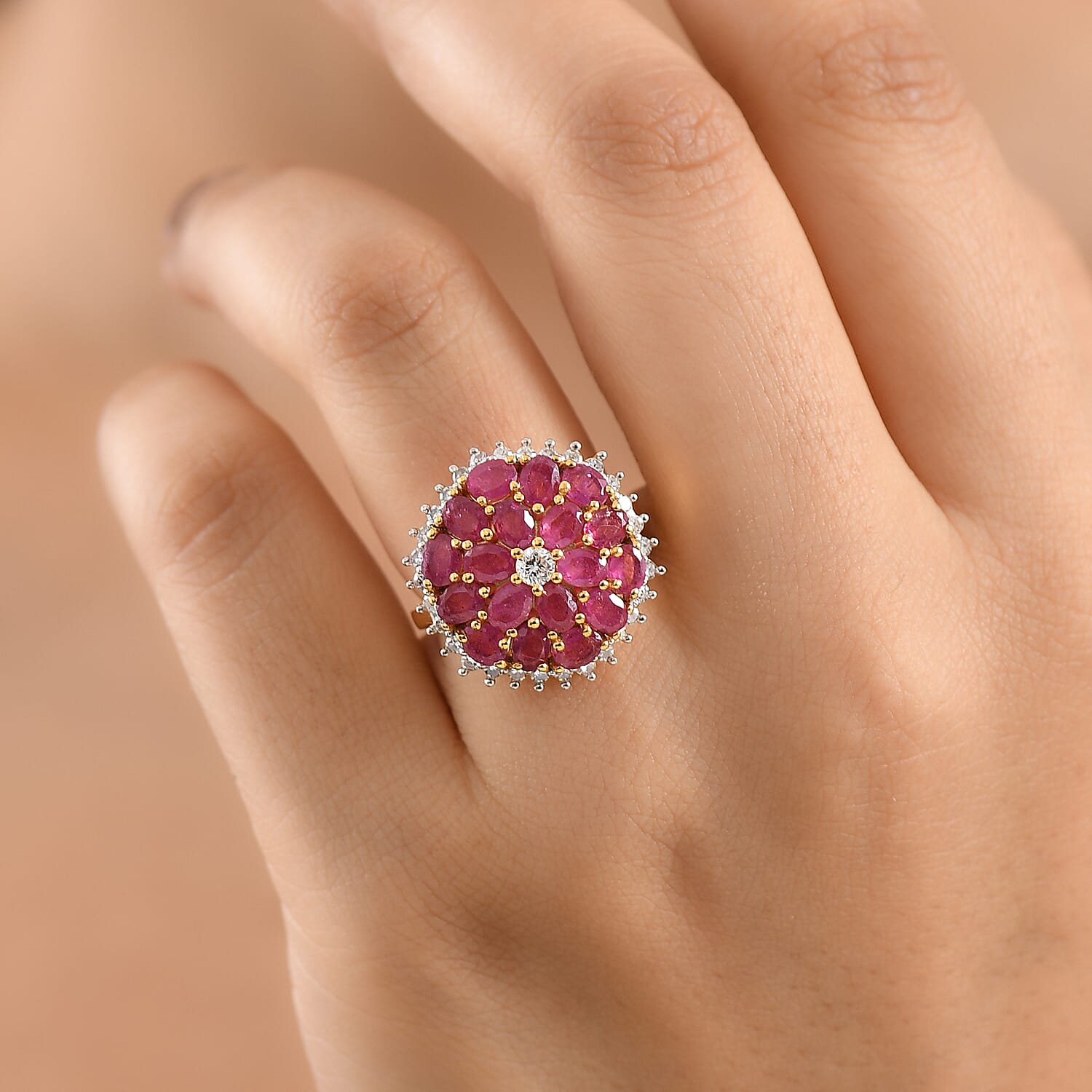 Luxuriant - African Ruby & Lab Grown Diamond (SI-G-H) Floral Cluster Ring in 18K Vermeil Yellow Gold Plated Sterling Silver 5.62 Ct.