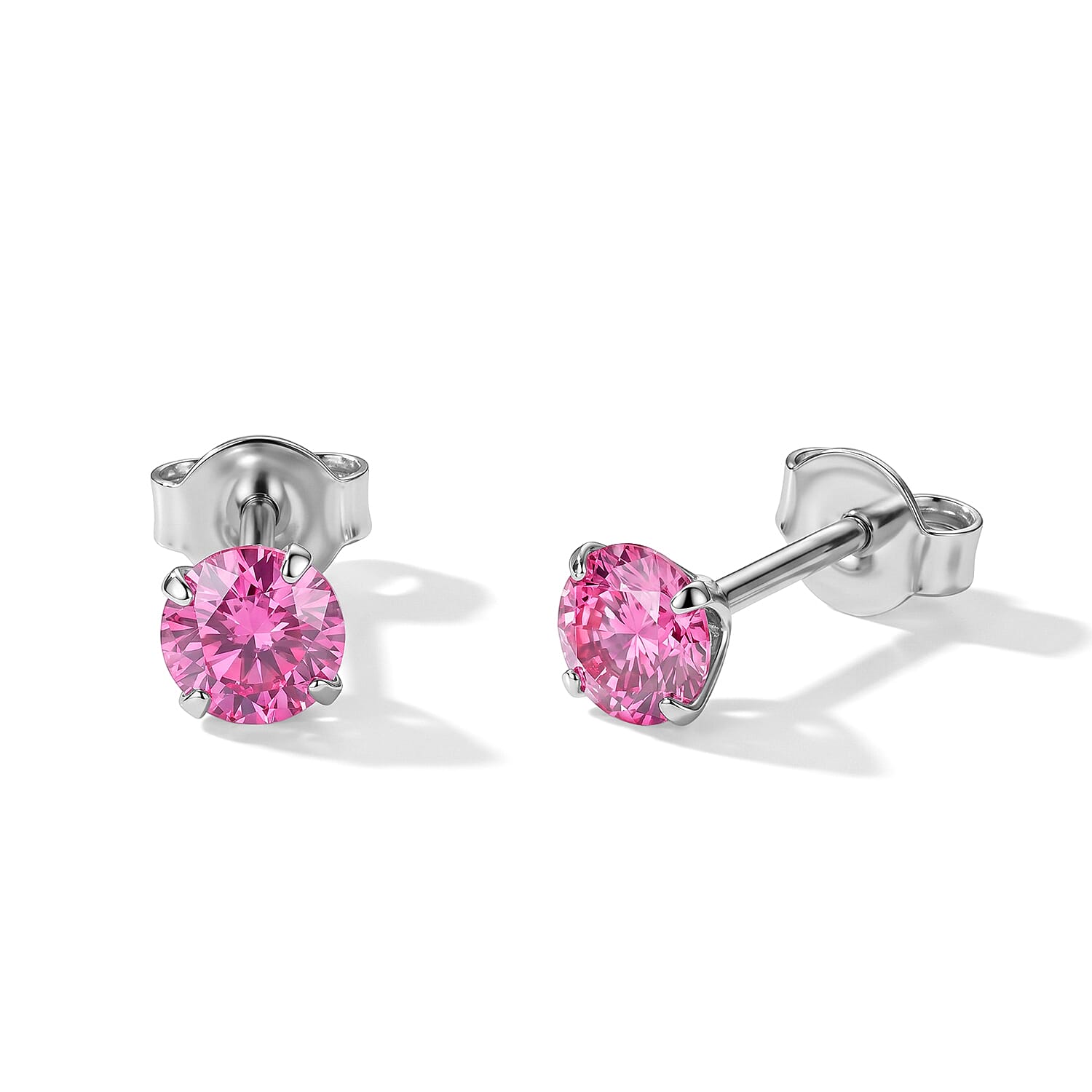 D'Joy - Pink Moissanite Solitaire Stud Push Post Earring in Rhodium Overlay Sterling Silver