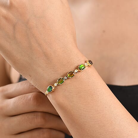 Luxuriant - Ammolite & Lab Grown Diamond (SI-G-H) Adjustable Bracelet (Size - 10.5) in 18K Vermeil Yellow Gold Plated Sterling Silver 4.50 Ct.