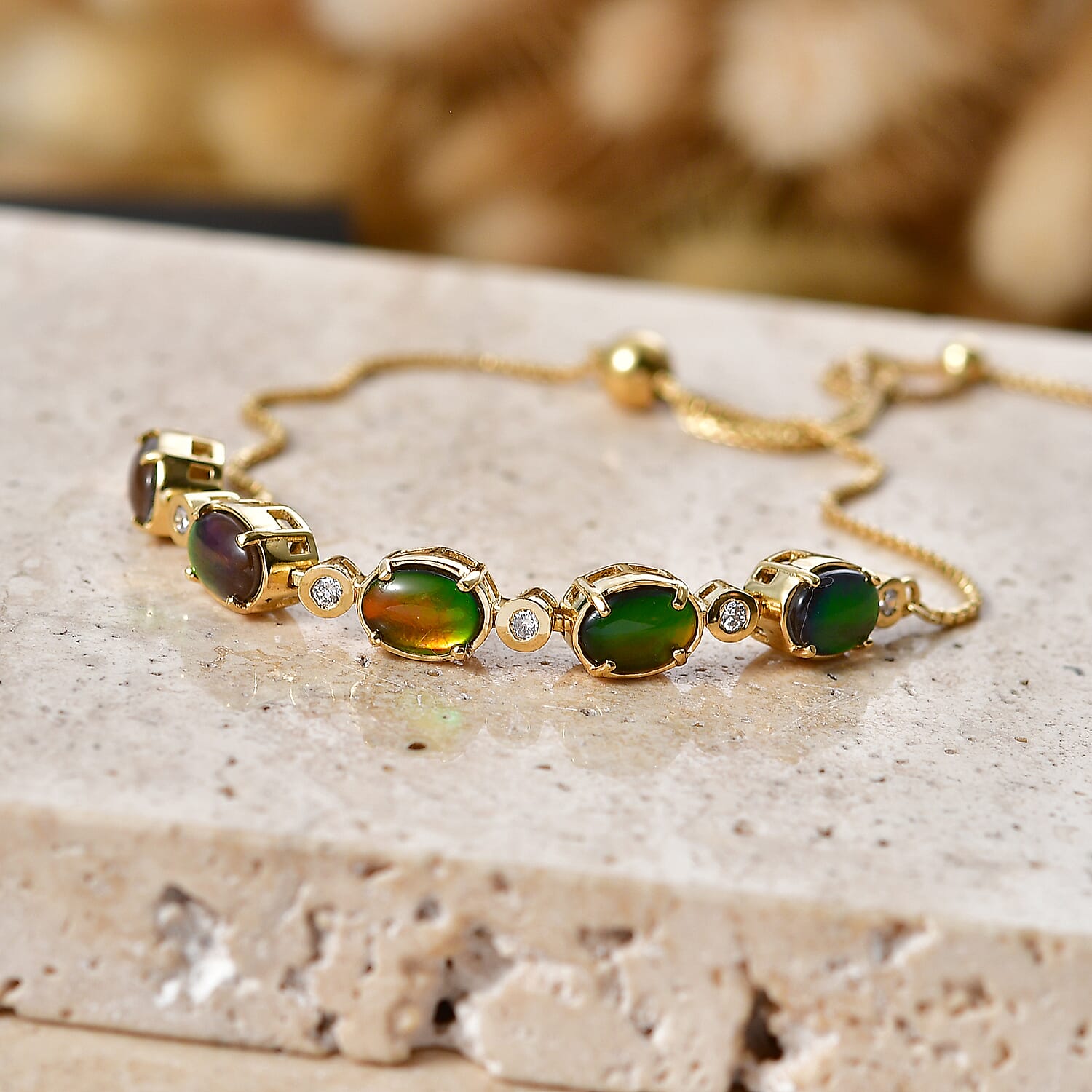 Luxuriant - Ammolite & Lab Grown Diamond (SI-G-H) Adjustable Bracelet (Size - 10.5) in 18K Vermeil Yellow Gold Plated Sterling Silver 4.50 Ct.