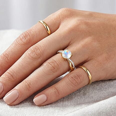 D'Joy - Rainbow Moonstone & Moissanite Ring in 18K Vermeil Yellow Gold Plated Sterling Silver 1.40 Ct.