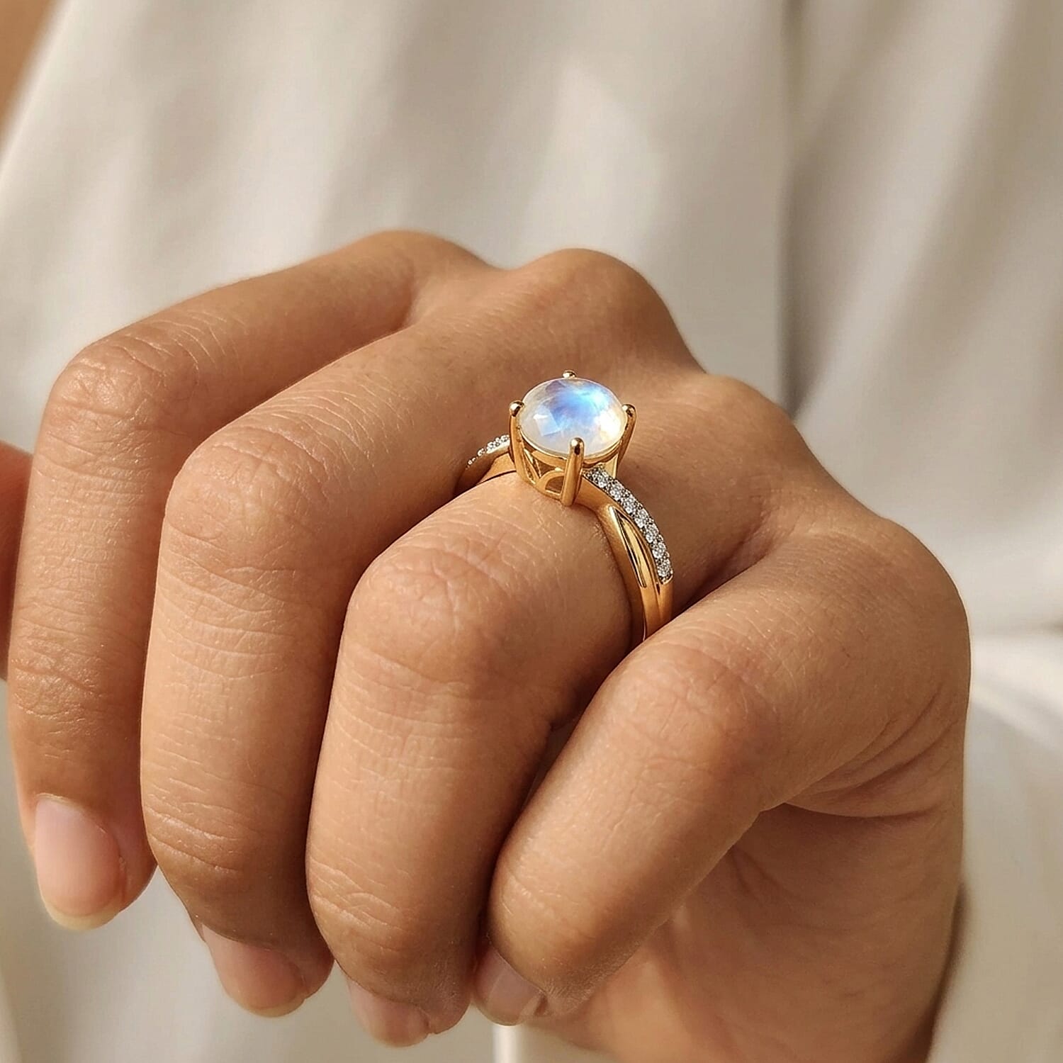 D'Joy Rainbow Moonstone, Moissanite Main Stone With Side Stone Ring in 18K YG VermeilSterling Silver  1.426  Ct.