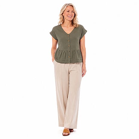Charlotte West Button Front Peplum Top (Size 12) - Khaki