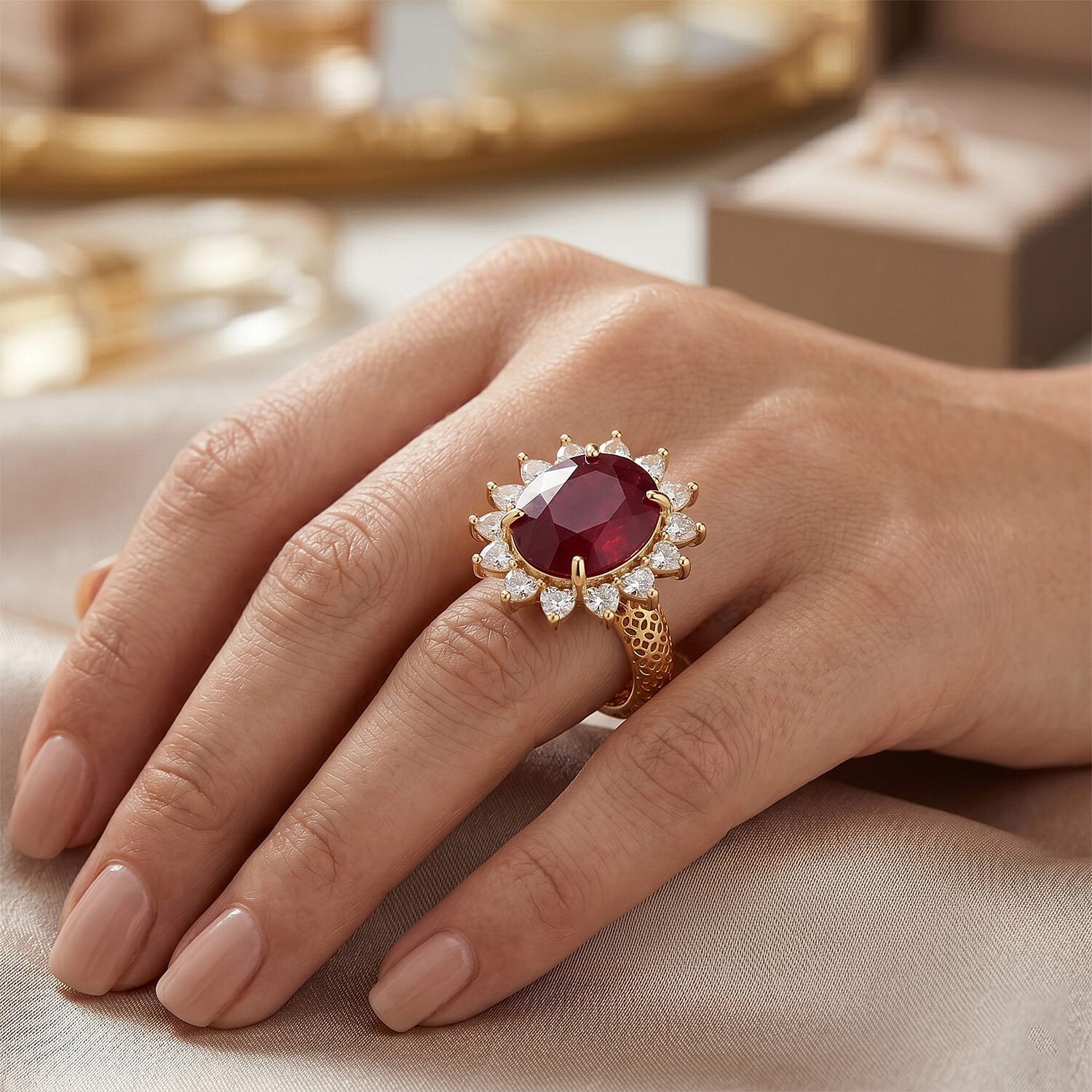 D'Joy - Fissure Filled Ruby & Moissanite Halo Ring in 18K Vermeil Yellow Gold Plated Sterling Silver 8.14 Ct.