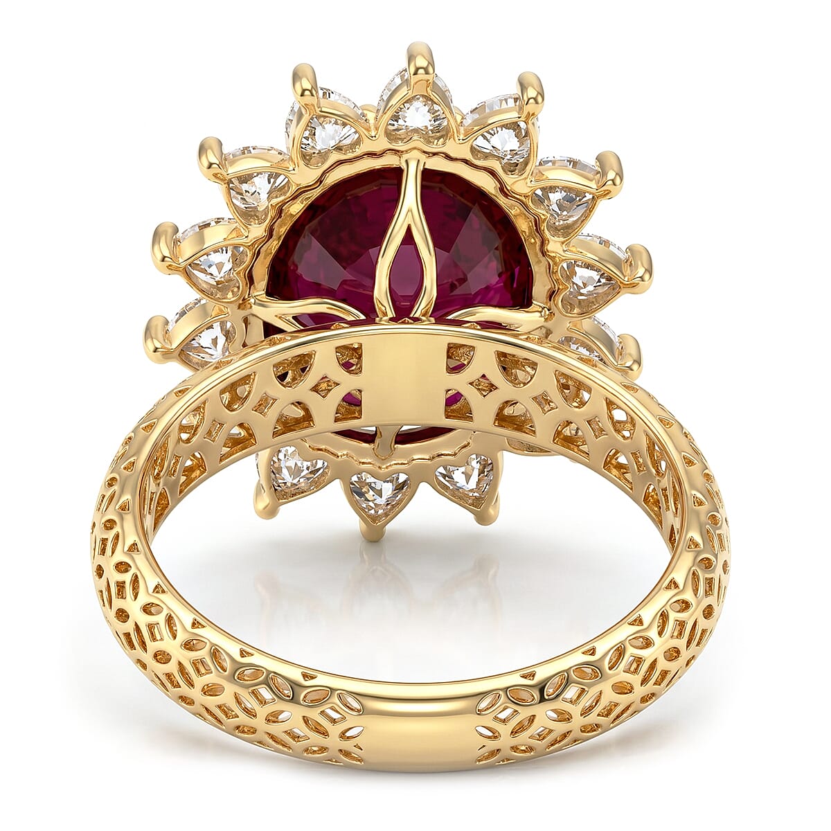 D'Joy - Fissure Filled Ruby & Moissanite Halo Ring in 18K Vermeil Yellow Gold Plated Sterling Silver 8.14 Ct.