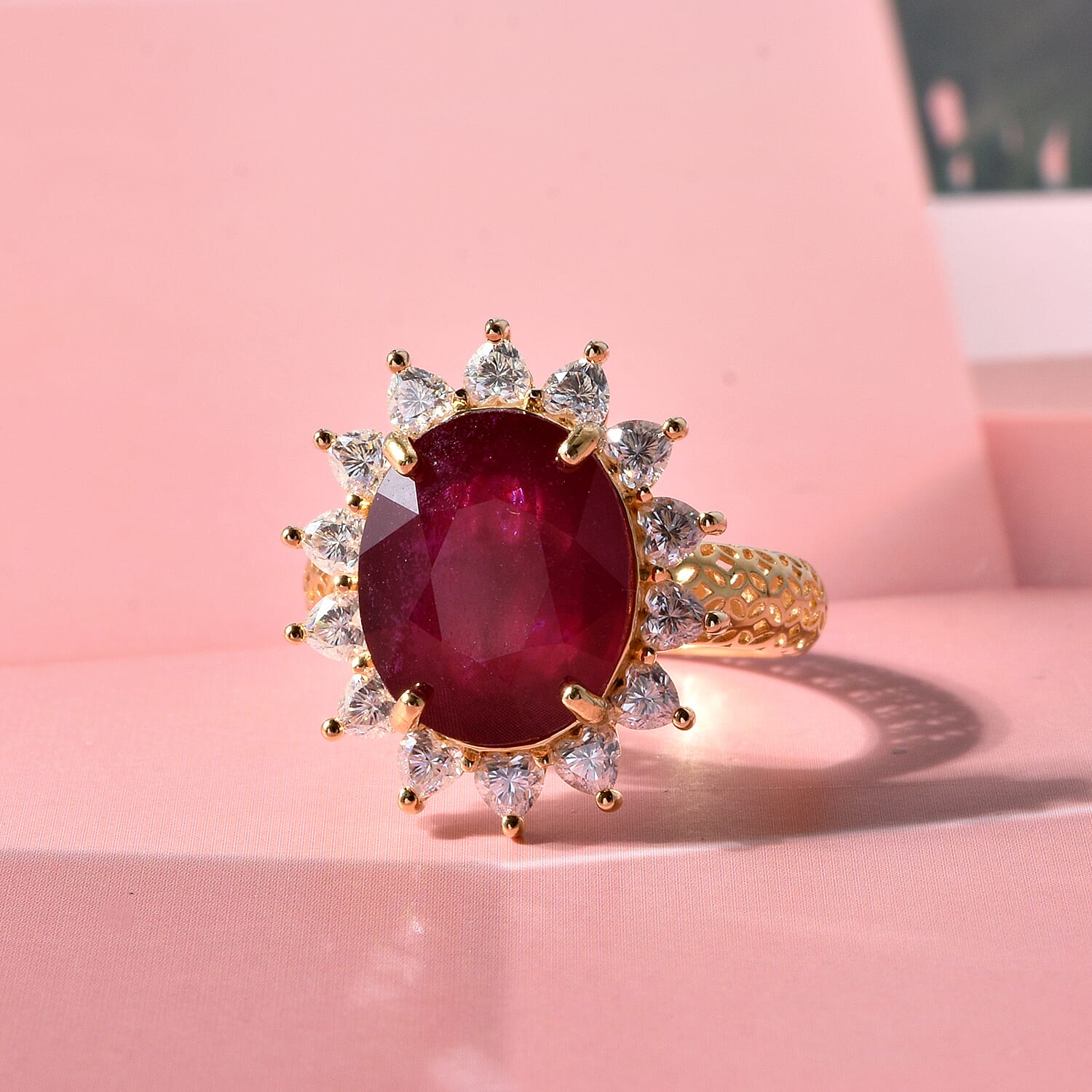D'Joy - Fissure Filled Ruby & Moissanite Halo Ring in 18K Vermeil Yellow Gold Plated Sterling Silver 7.90 Ct.