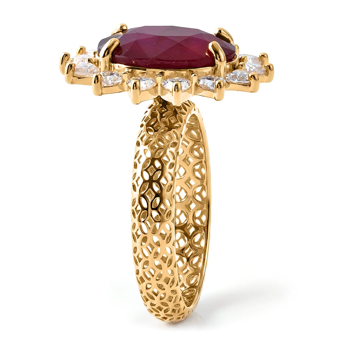 D'Joy - Fissure Filled Ruby & Moissanite Halo Ring in 18K Vermeil Yellow Gold Plated Sterling Silver 7.90 Ct.