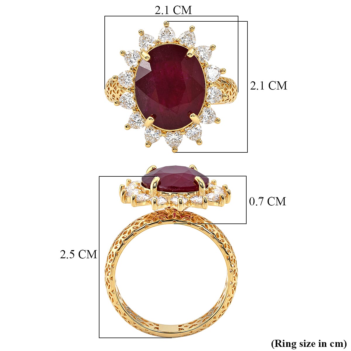 D'Joy - Fissure Filled Ruby & Moissanite Halo Ring in 18K Vermeil Yellow Gold Plated Sterling Silver 7.90 Ct.
