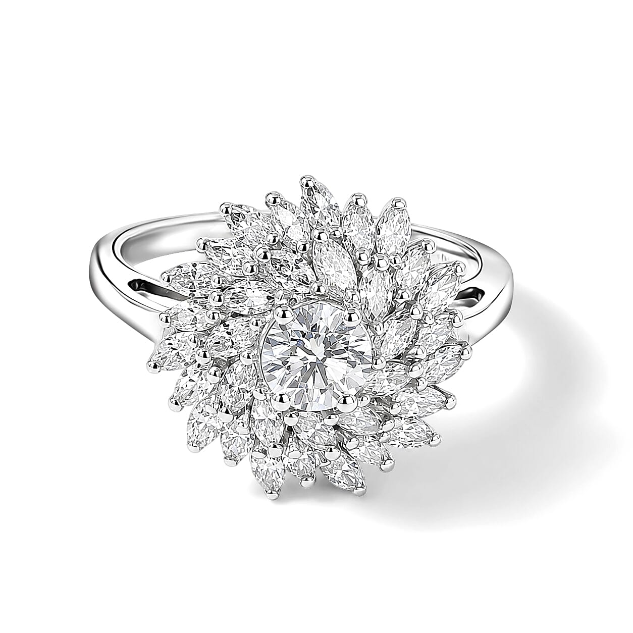 Luxuriant - Lab Grown Diamond (VS-E-F) Cluster Floral Ring in Rhodium Overlay Sterling Silver 1.50 Ct.