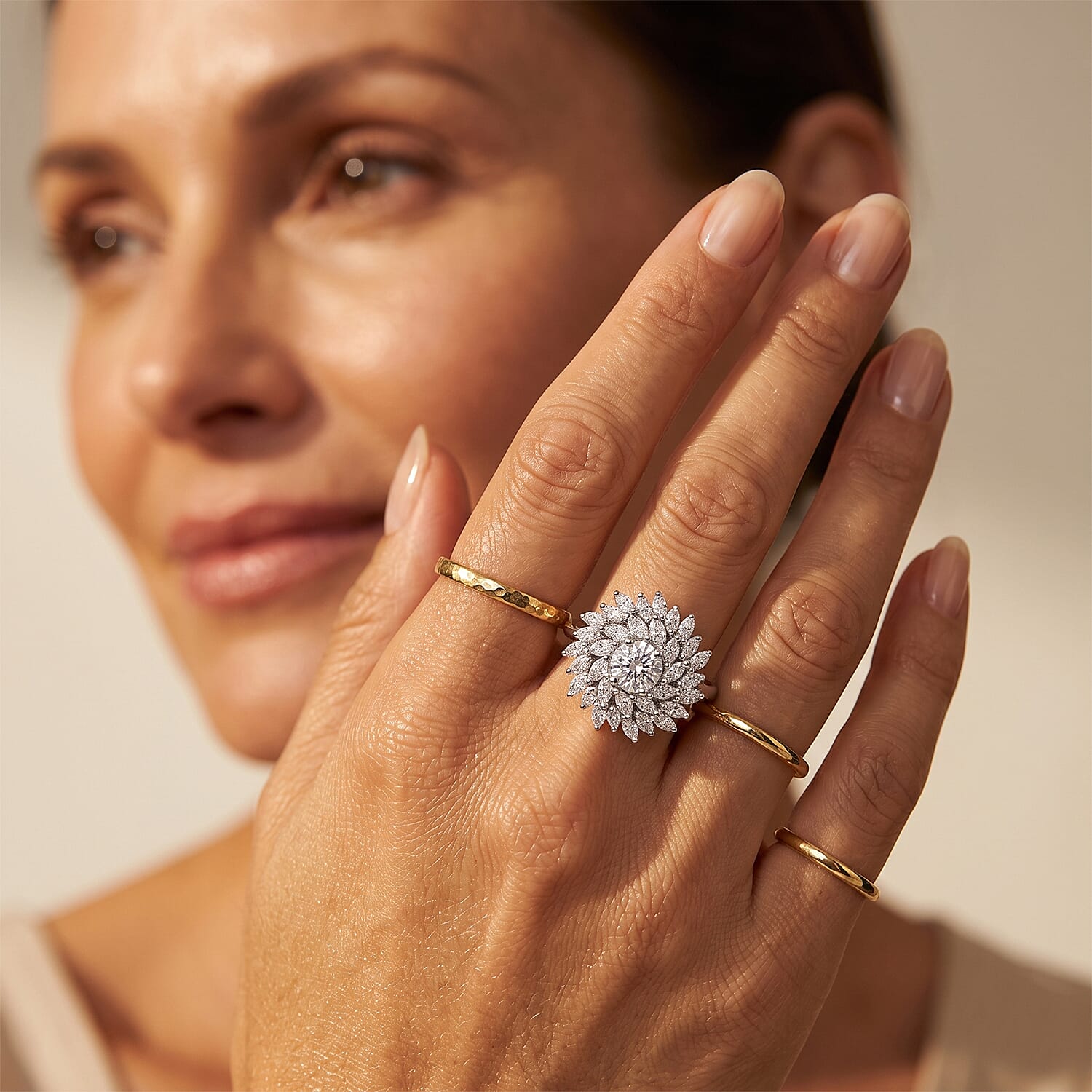 Luxuriant - Lab Grown Diamond (VS-E-F) Cluster Floral Ring in Rhodium Overlay Sterling Silver 1.50 Ct.
