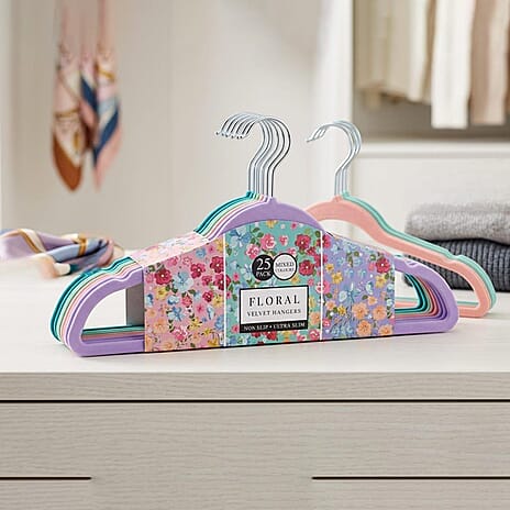 MEGA DEAL - Set of 25 Floral Velvet Cloth Hangers - Multi Colour