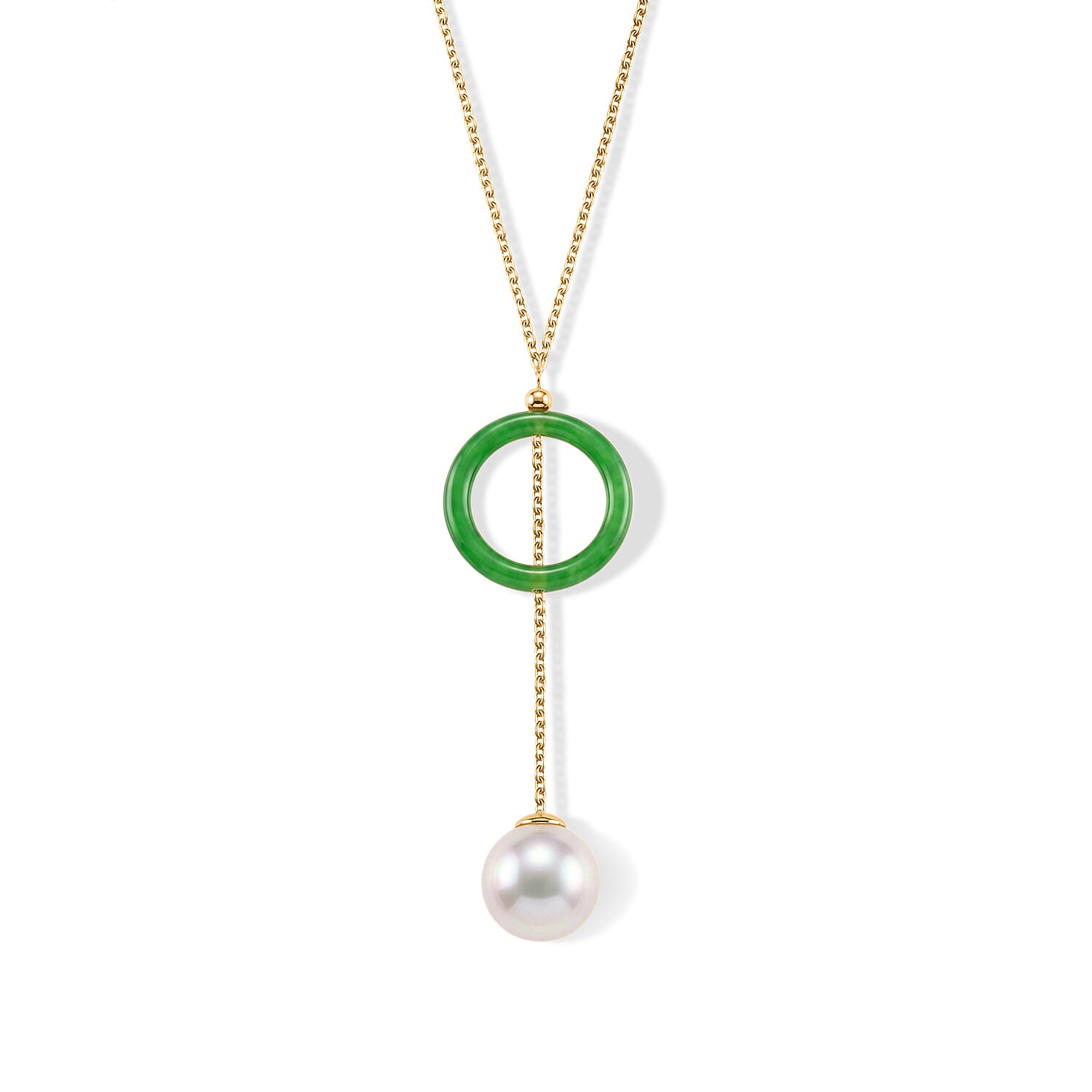 D'Joy - Premium White Edison Pearl (12-13mm) & Dyed Green Jade Drop Necklace (Size - 18) in Yellow Gold Plated Sterling Silver 20.09 Ct.