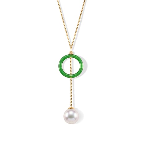 D'Joy - Premium White Edison Pearl (12-13mm) & Dyed Green Jade Drop Necklace (Size - 18) in Yellow Gold Plated Sterling Silver 20.09 Ct.
