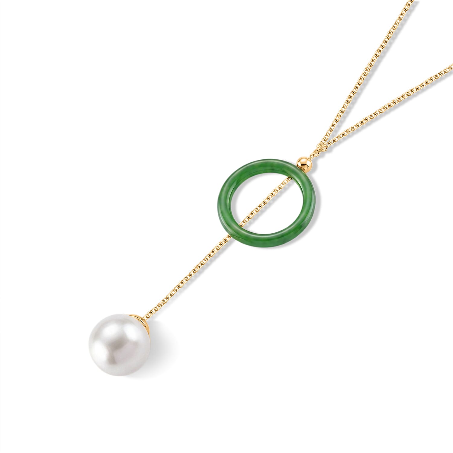 D'Joy - Premium White Edison Pearl (12-13mm) & Dyed Green Jade Drop Necklace (Size - 18) in Yellow Gold Plated Sterling Silver 20.09 Ct.