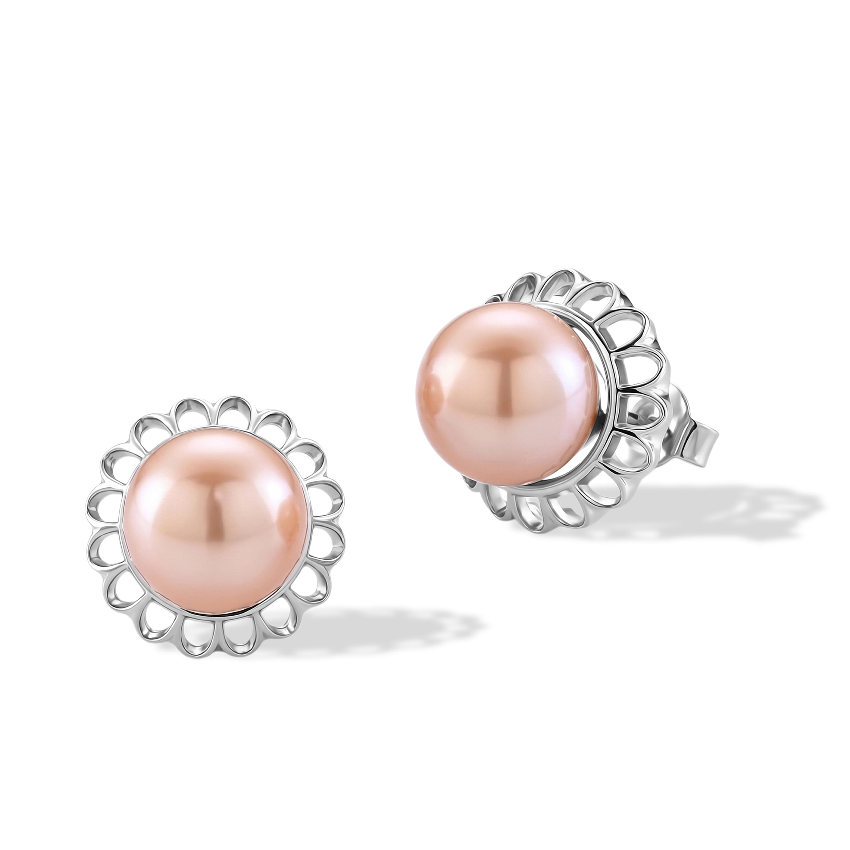D'Joy - Premium Peach Edison (9-10mm) Solitaire Stud Push Post Earring in Rhodium Overlay Sterling Silver 11.80 Ct.
