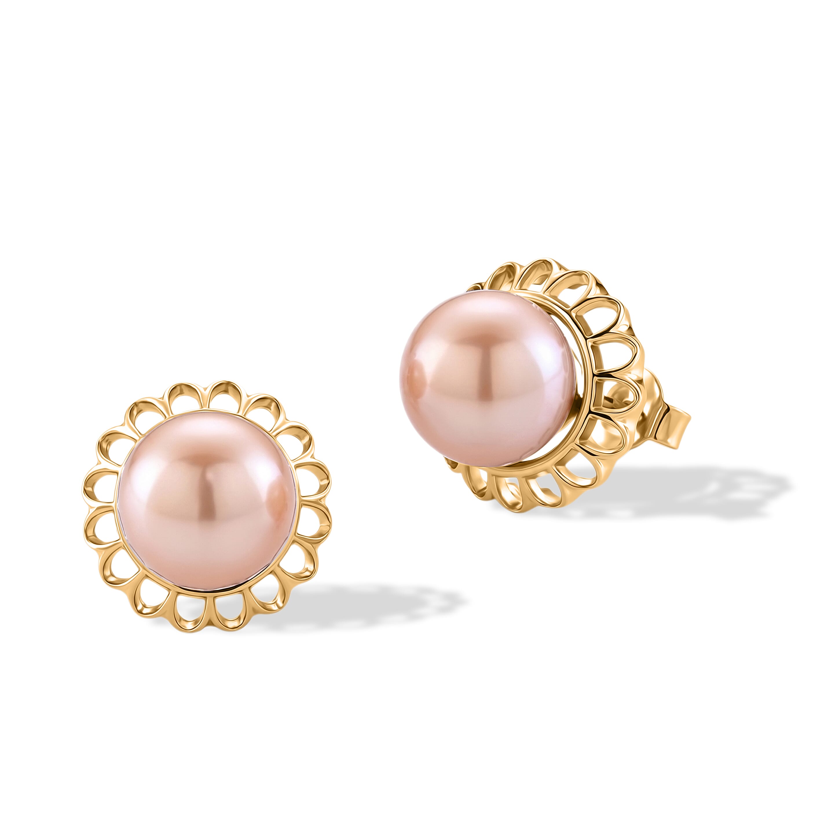 D'Joy - Premium Peach Edison (9-10mm) Solitaire Stud Push Post Earring in Yellow Gold Plated Sterling Silver 11.80 Ct.