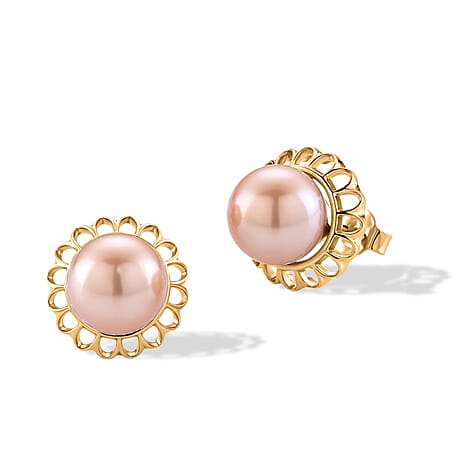 D'Joy - Premium Peach Edison (9-10mm) Solitaire Stud Push Post Earring in Yellow Gold Plated Sterling Silver 11.80 Ct.